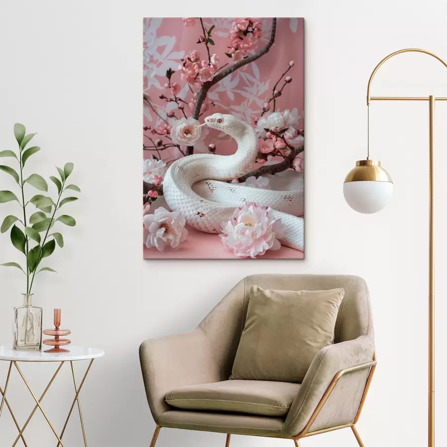  Peintures Serpent blanc et fleurs roses s39941