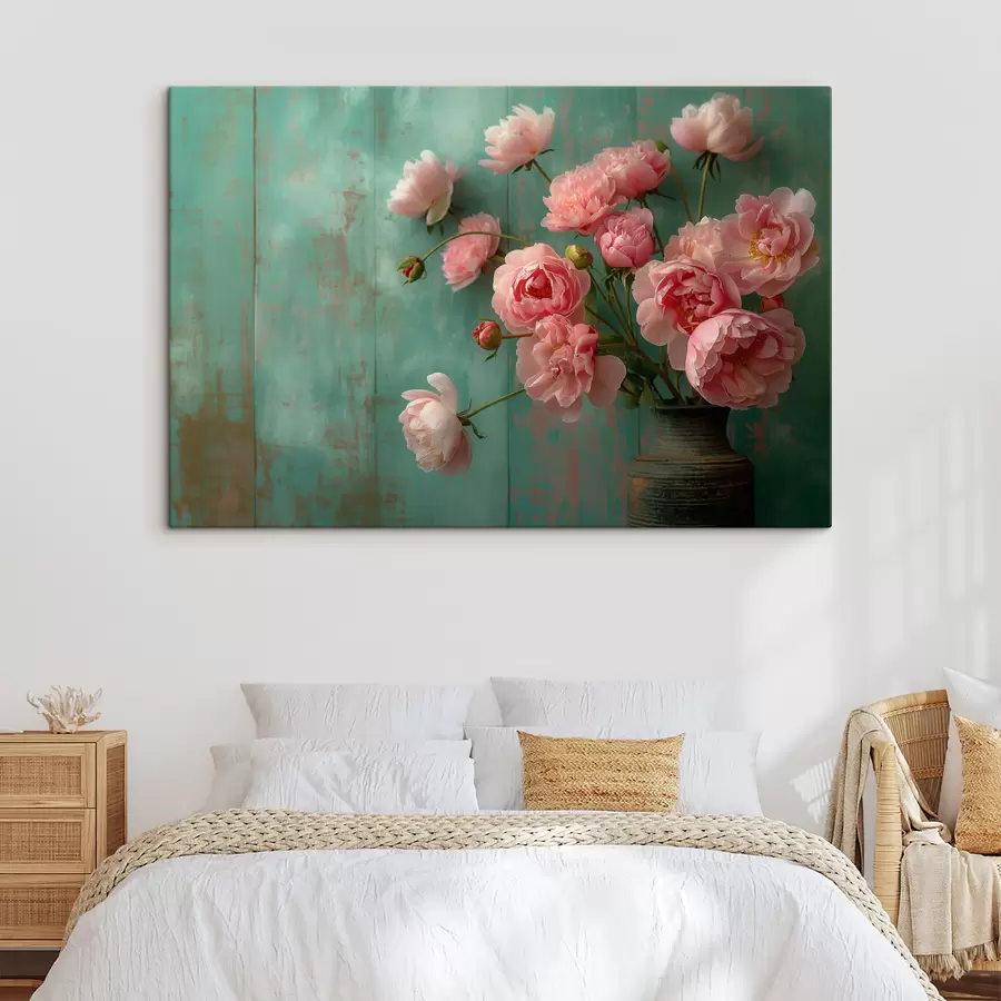  Schilderijen Roze bloemen, hout, antiek s39957