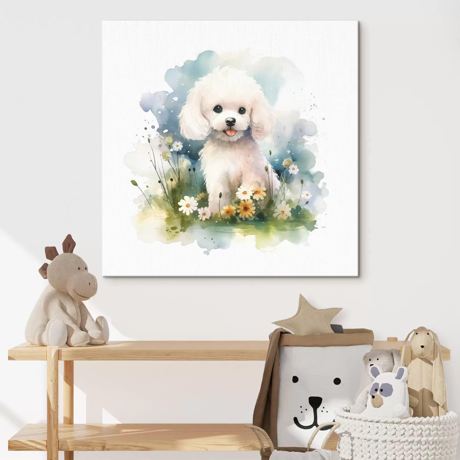  Peintures Aquarelle de petit caniche blanc assis dans des fleurs s39928