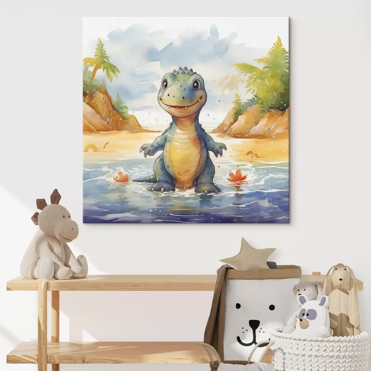  Schilderijen Dinosaurus in de rivier tegen de achtergrond van bergen en varens aquarel s39930