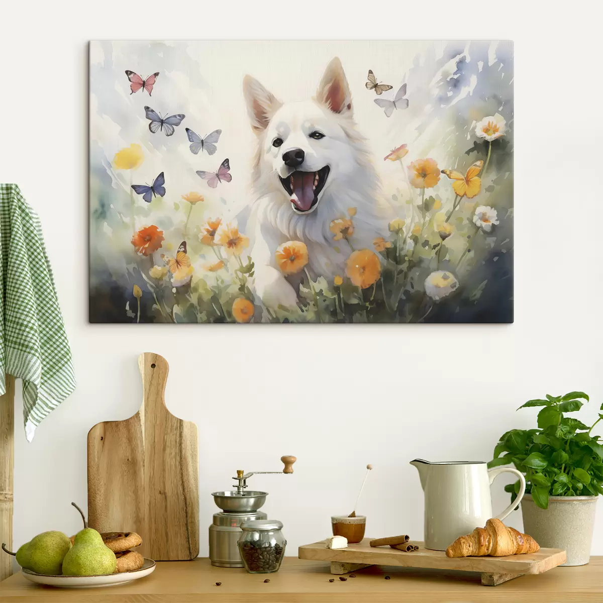  Peintures Chien blanc assis dans des fleurs, les papillons volent aquarelle s39936
