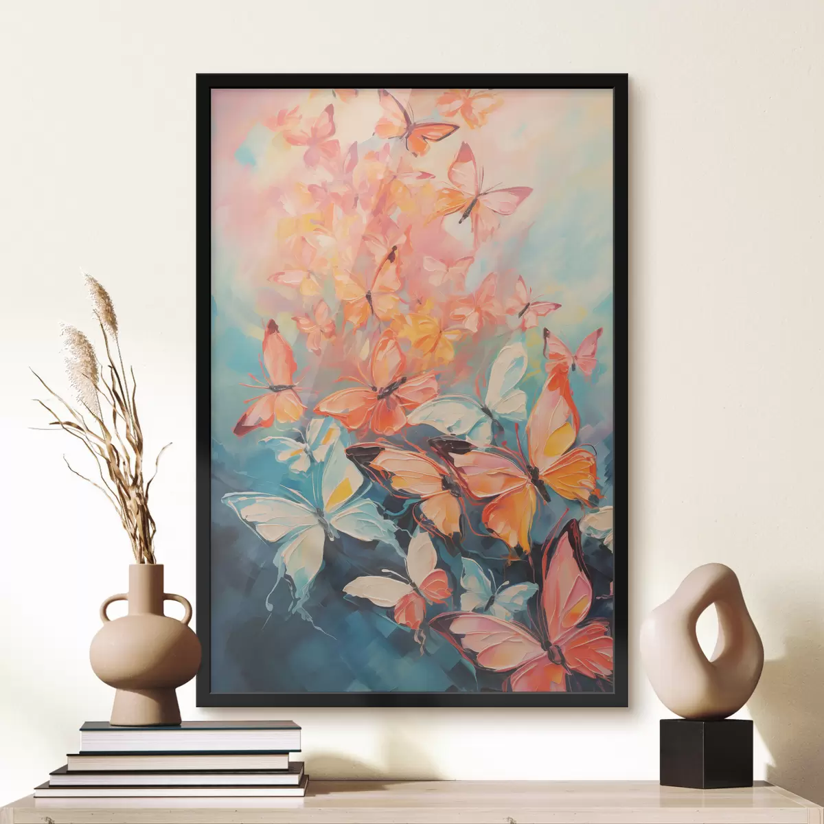 Poster Een zwerm vlinders vliegt op een blauw olieverfschilderij f39922