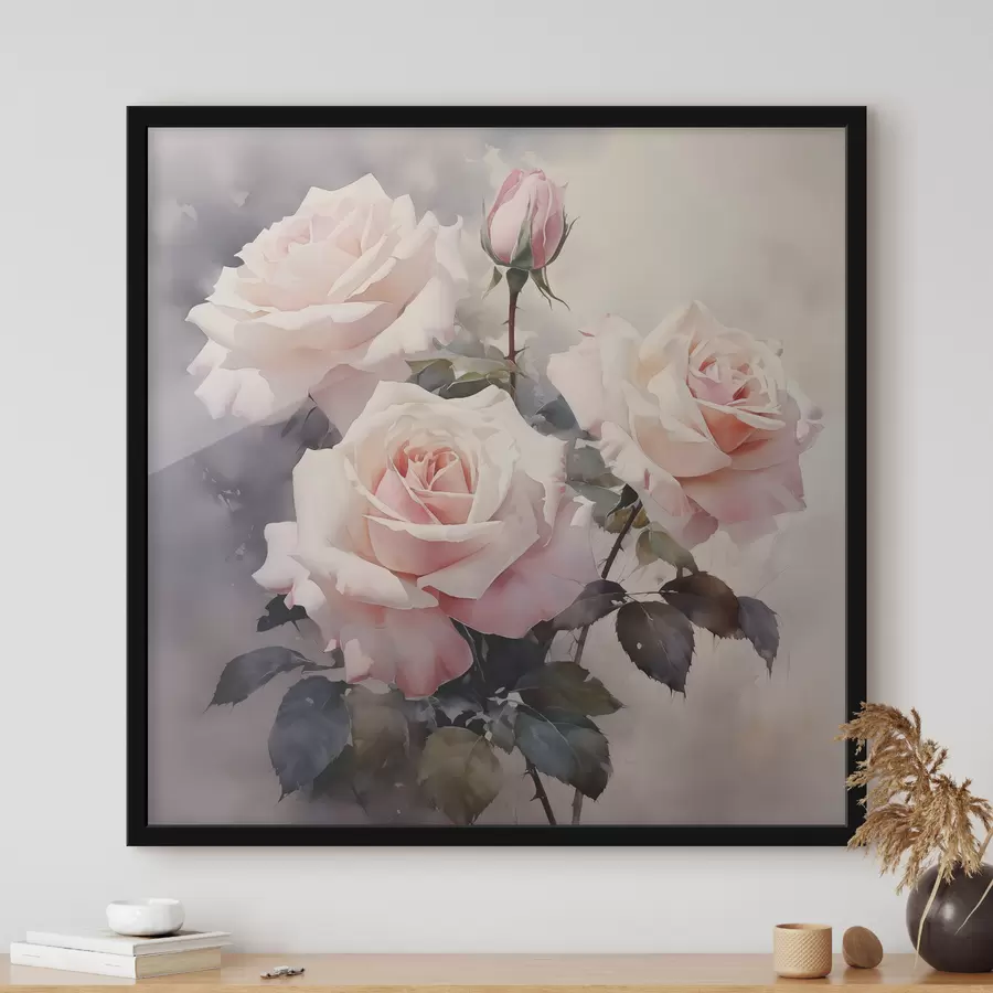 Fotobehang Witroze rozen op een donkere aquarelachtergrond f39927