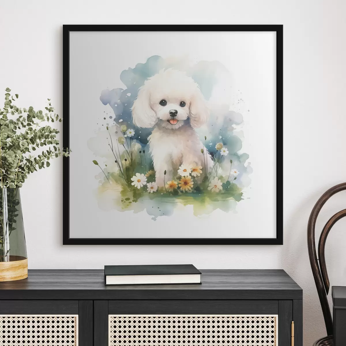 Poster Kleine witte poedel zittend in een aquarel van bloemen f39928