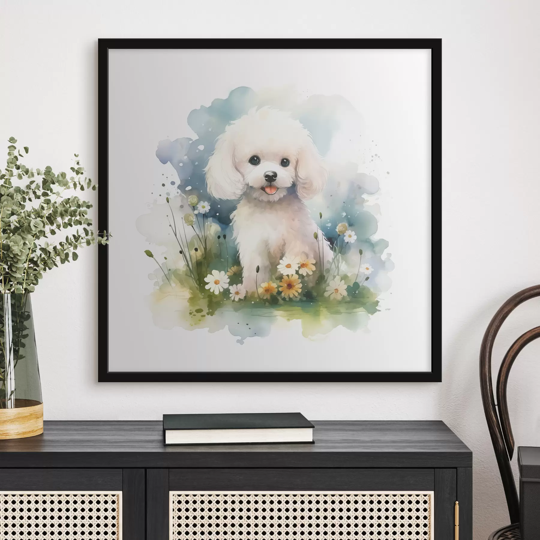 Fotobehang Kleine witte poedel zittend in een aquarel van bloemen f39928