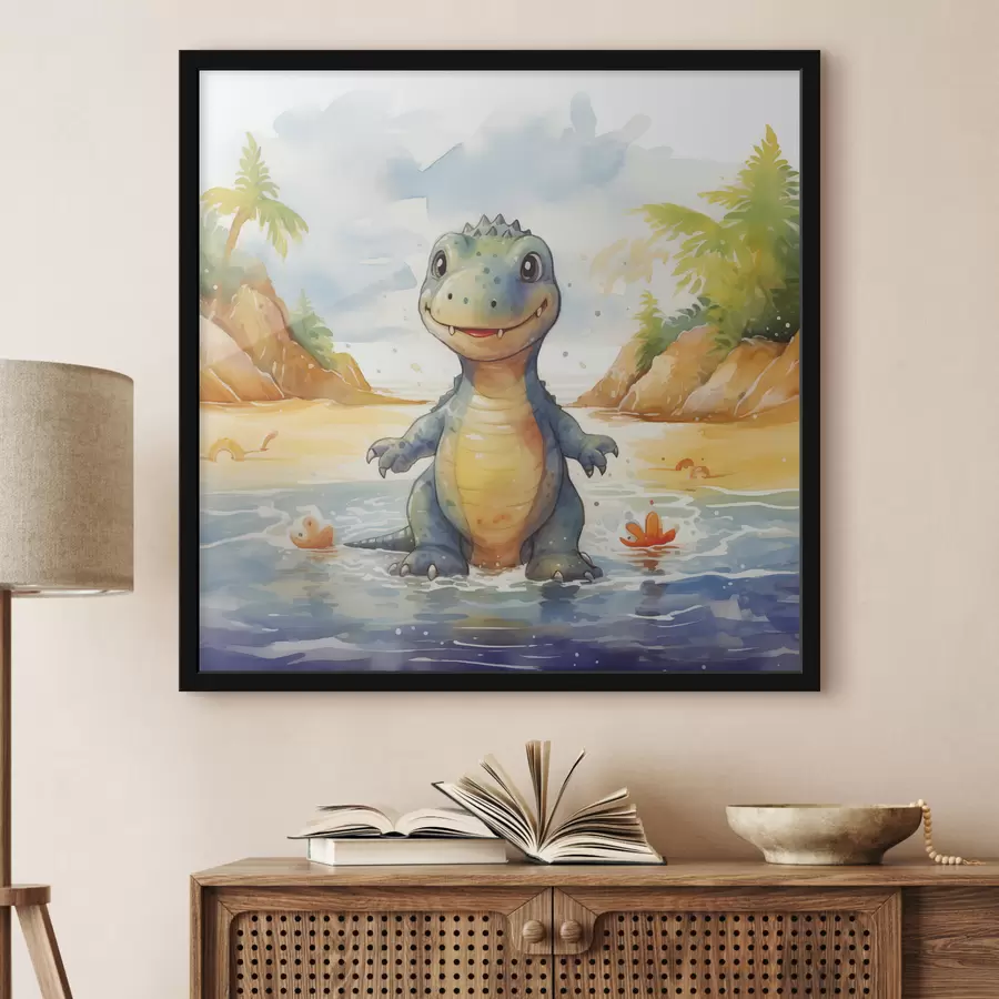 Fotobehang Dinosaurus in de rivier op de achtergrond van bergen en aquarelvarens f39930