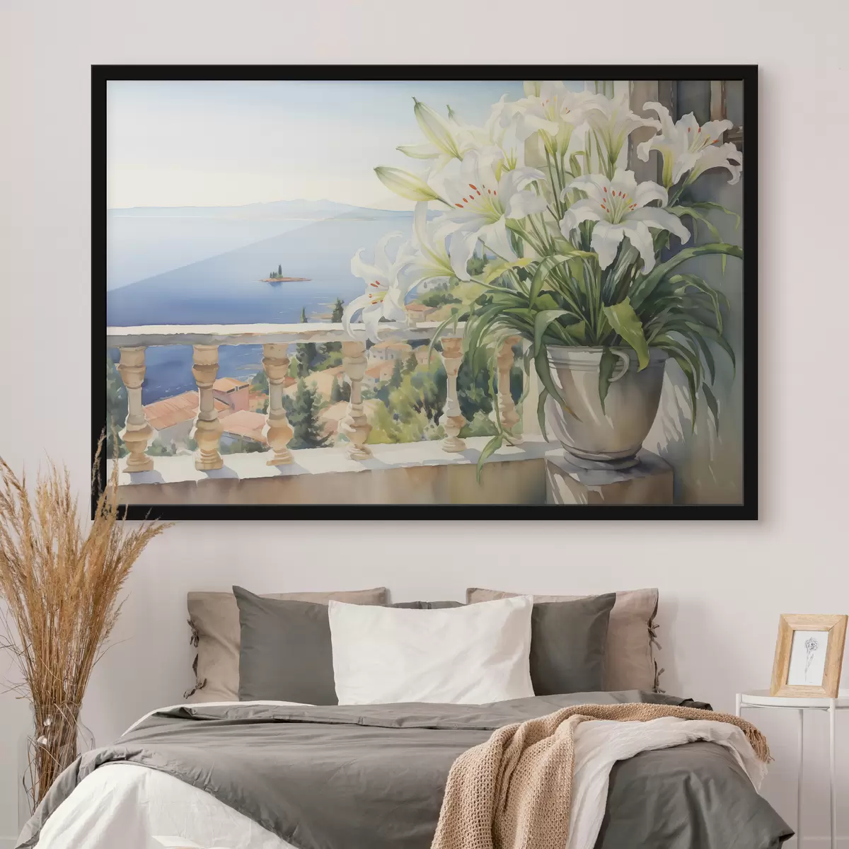 Affiche Lys blancs dans un pot sur un balcon sur fond d'aquarelle de la baie f39932