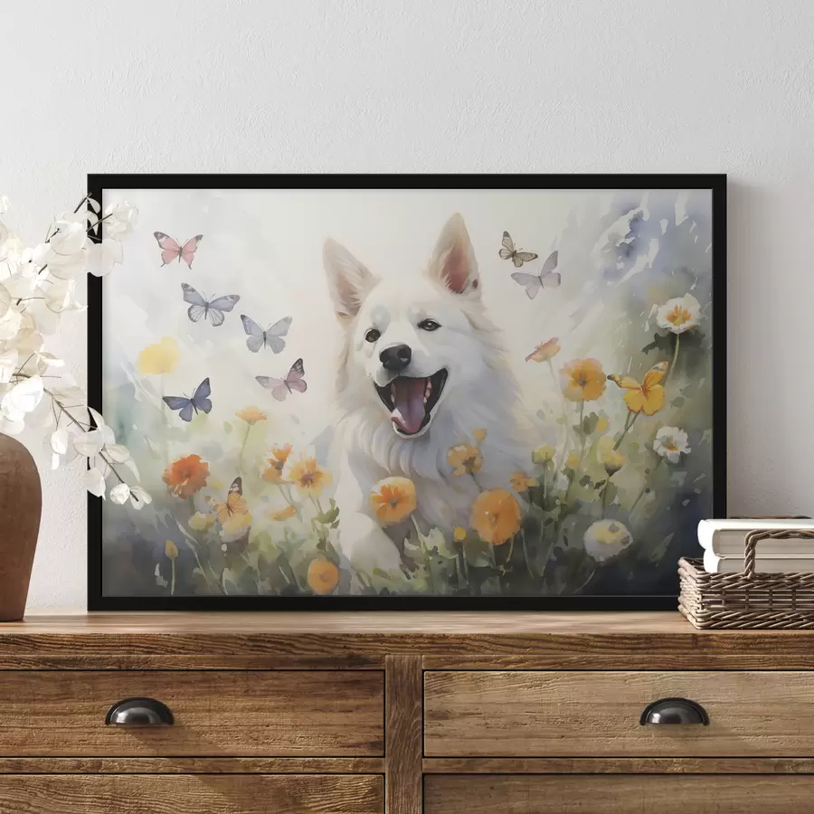 Fotobehang Witte hond zit in bloemen, vlinders vliegen aquarel f39936