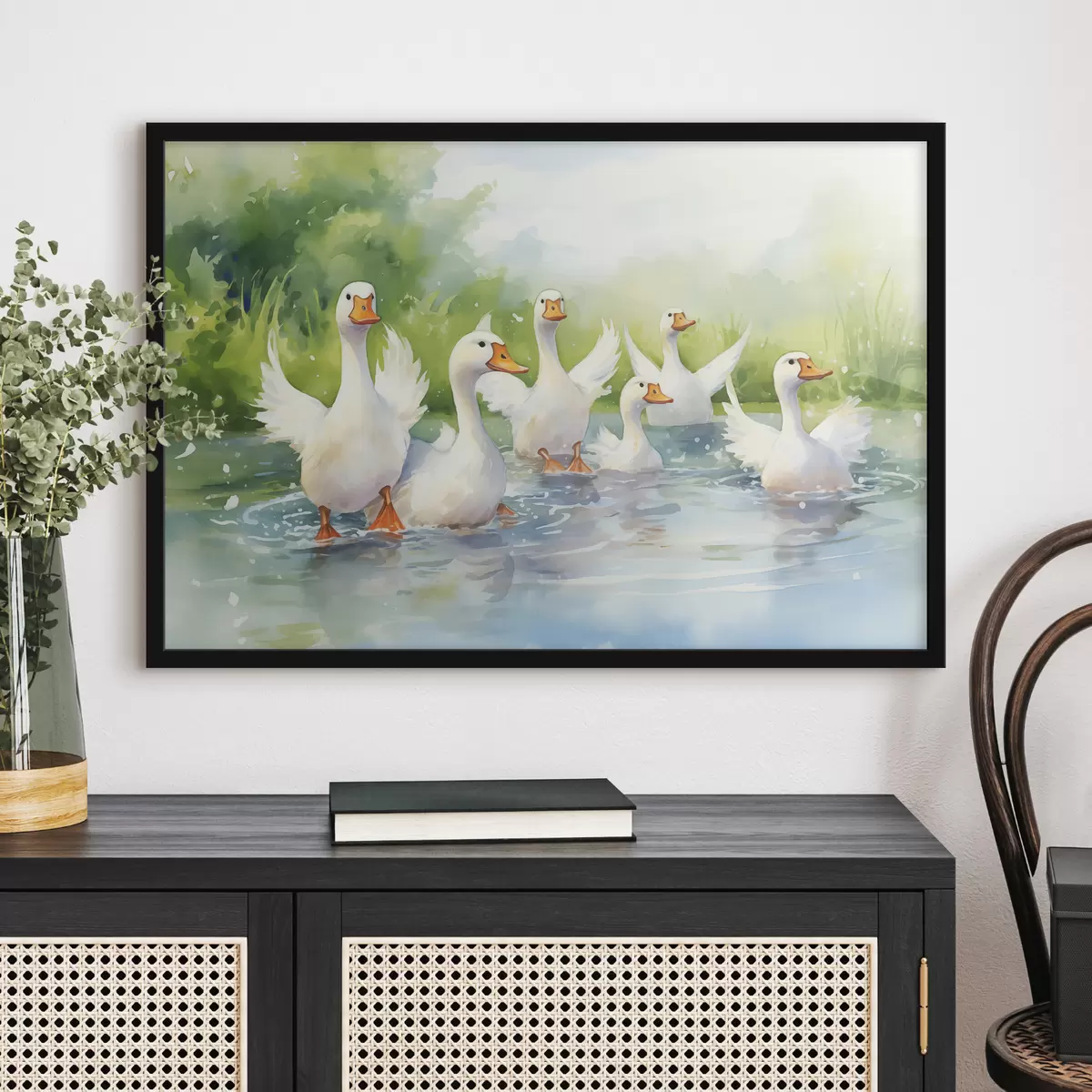 Affiche Oies blanches se baignant dans un étang, aquarelle f39939