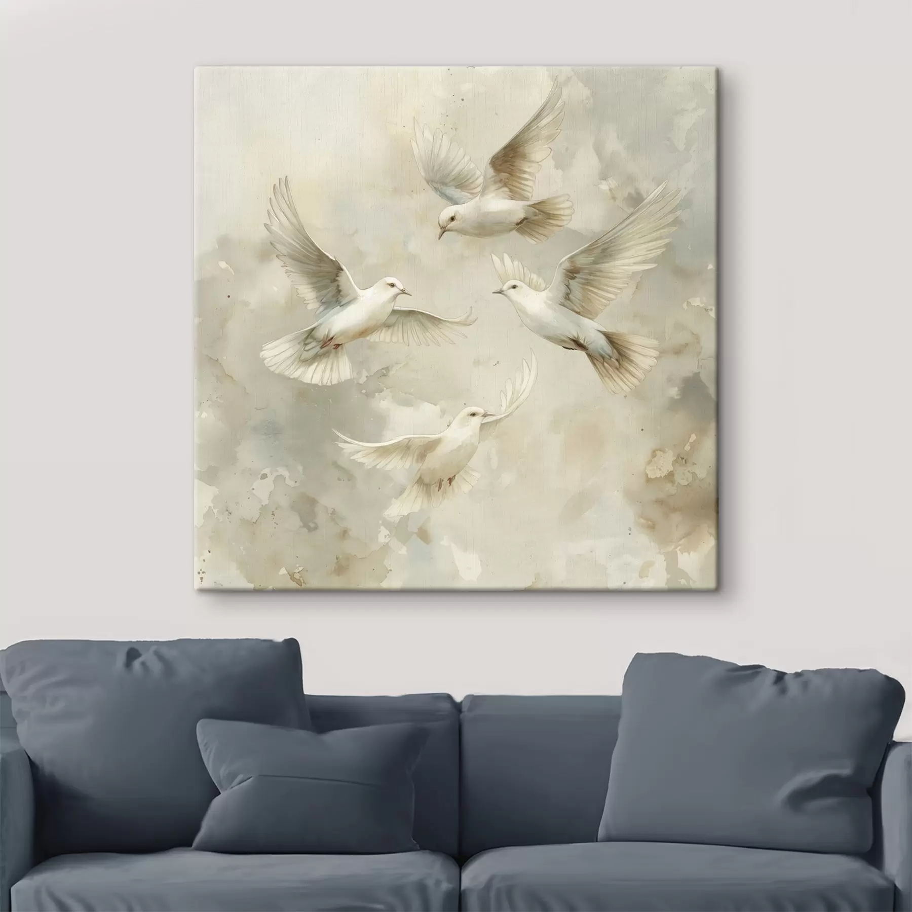 Fotobehang Aquarel vliegende vogels, zachte beige en witte kleuren, duiven s39976
