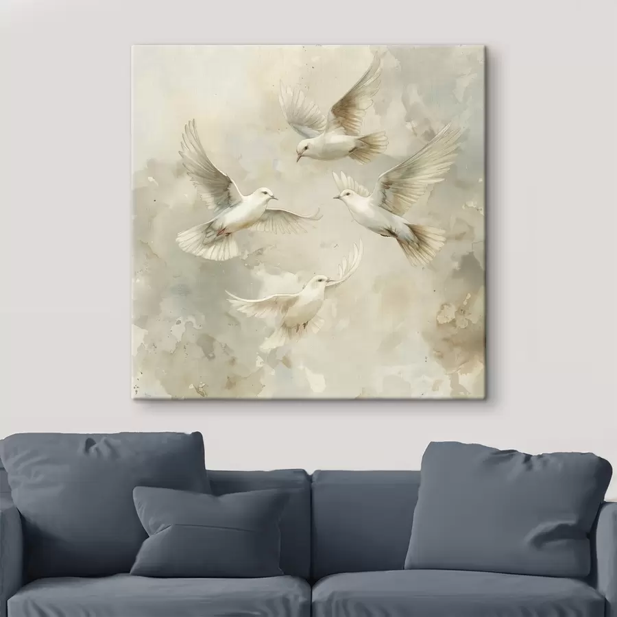  Schilderijen Aquarel vliegende vogels, zachte beige en witte kleuren, duiven s39976