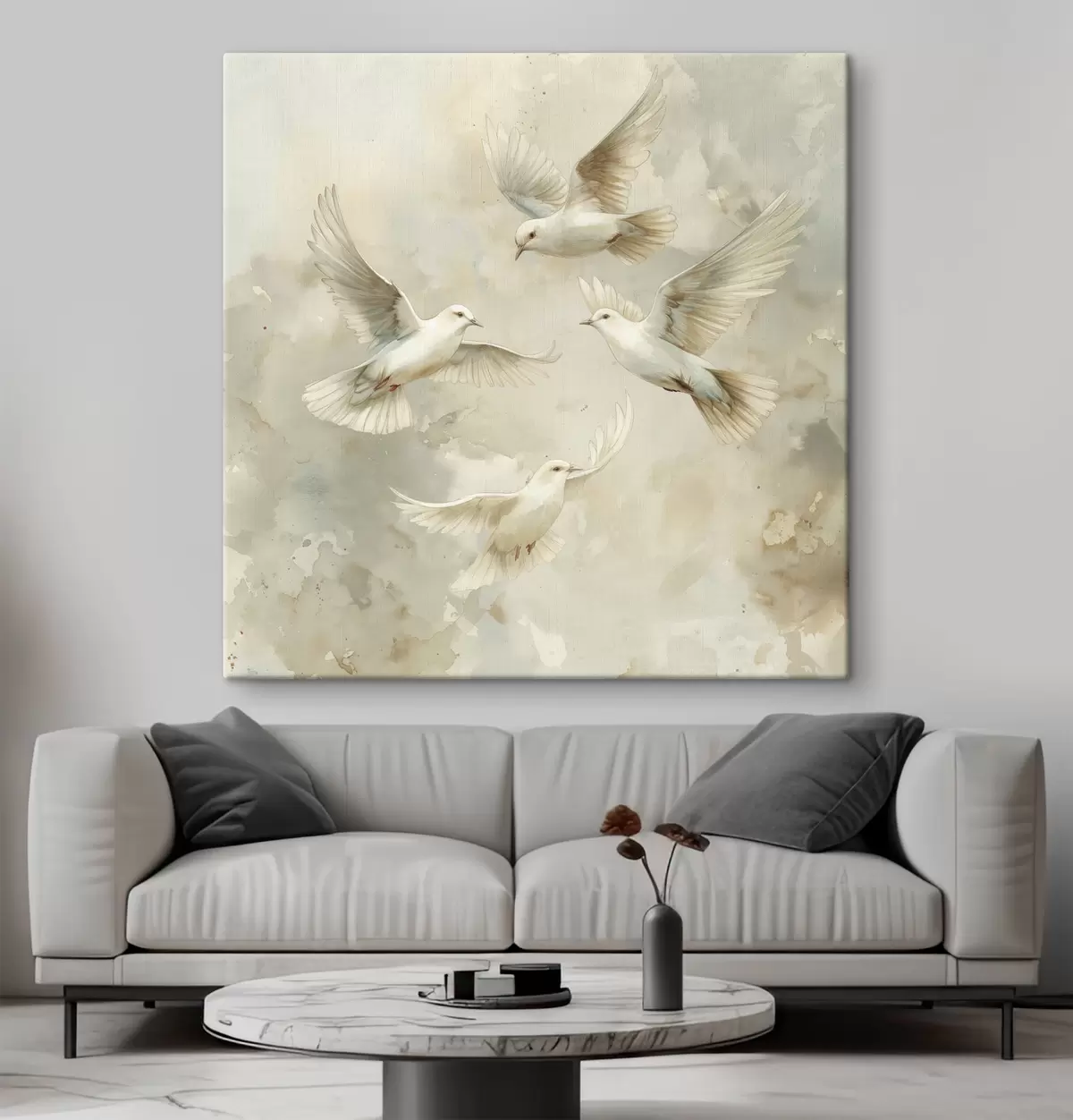  Schilderijen Aquarel vliegende vogels, zachte beige en witte kleuren, duiven s39976