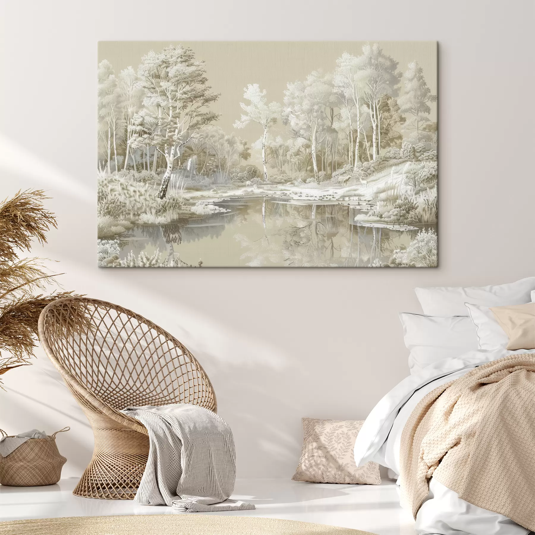 Papier peint photo Magnifique paysage forestier, étang et arbres, couleurs beige et blanc s39979