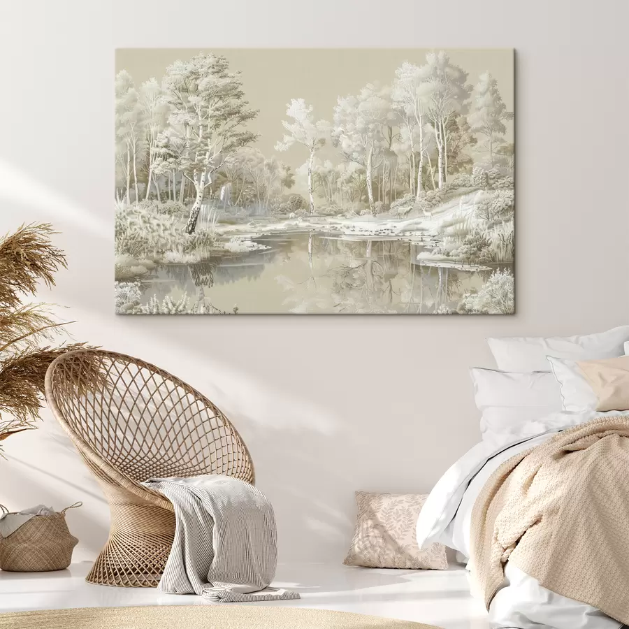  Schilderijen Prachtig boslandschap, vijver en bomen, beige en witte kleuren s39979