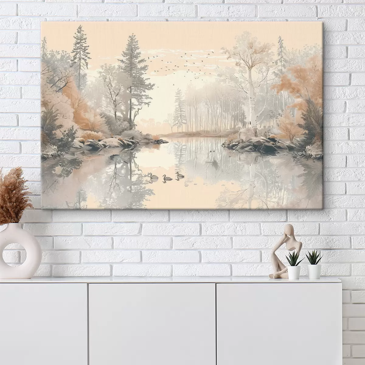  Schilderijen Prachtig natuurlandschap, vijver en bomen, wilde dieren, zachte pastelkleuren s39980