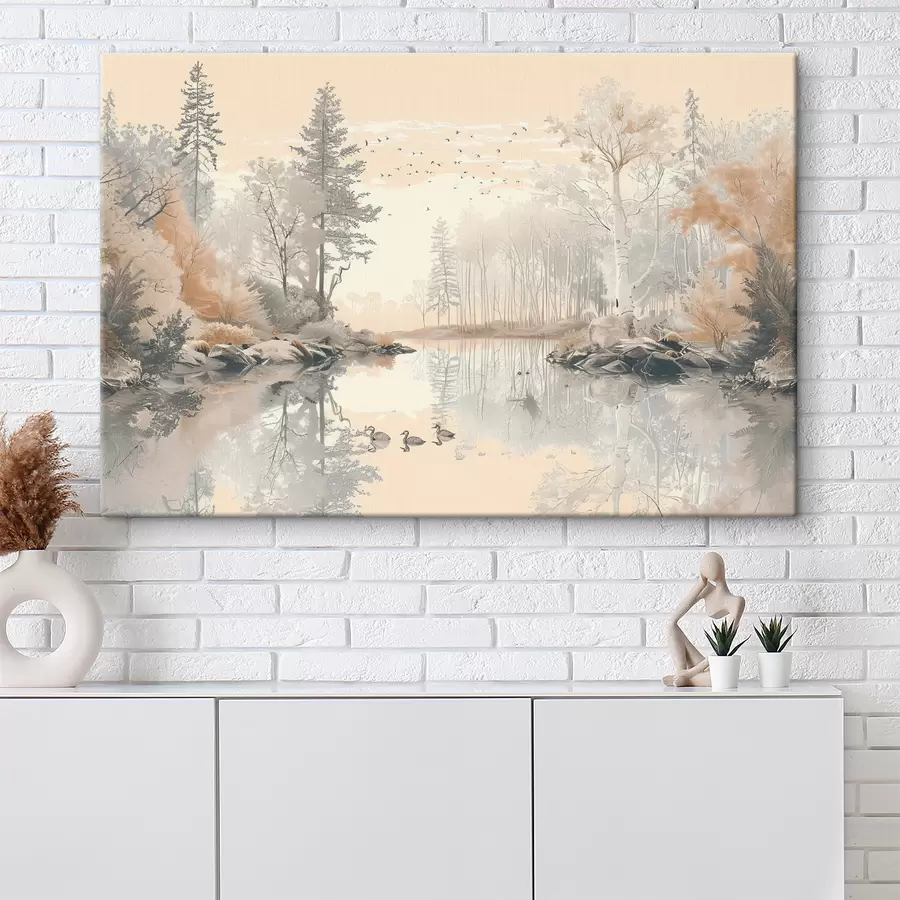  Schilderijen Prachtig natuurlandschap, vijver en bomen, wilde dieren, zachte pastelkleuren s39980