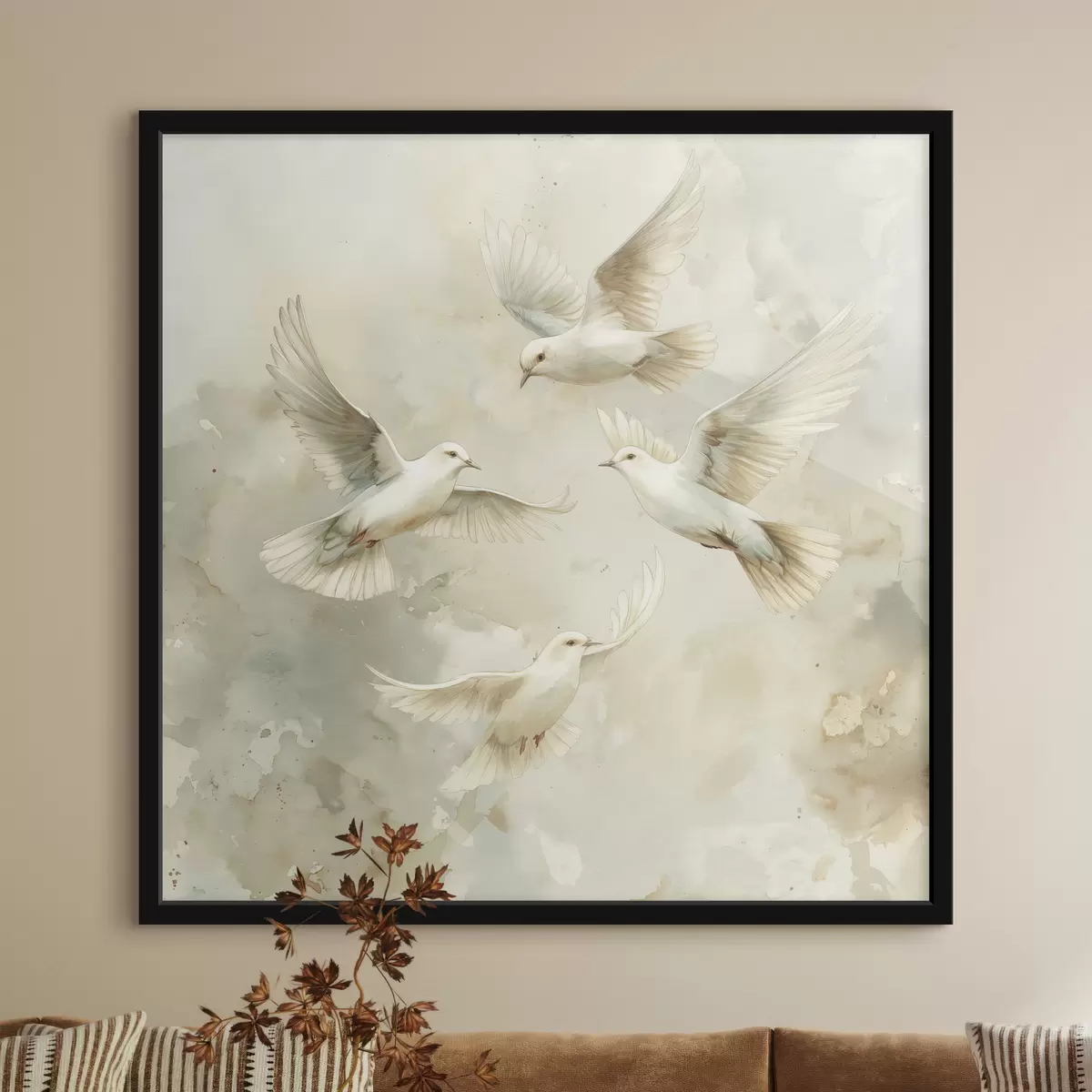 Poster Aquarel vliegende vogels, delicate beige en witte kleuren, duiven f39976