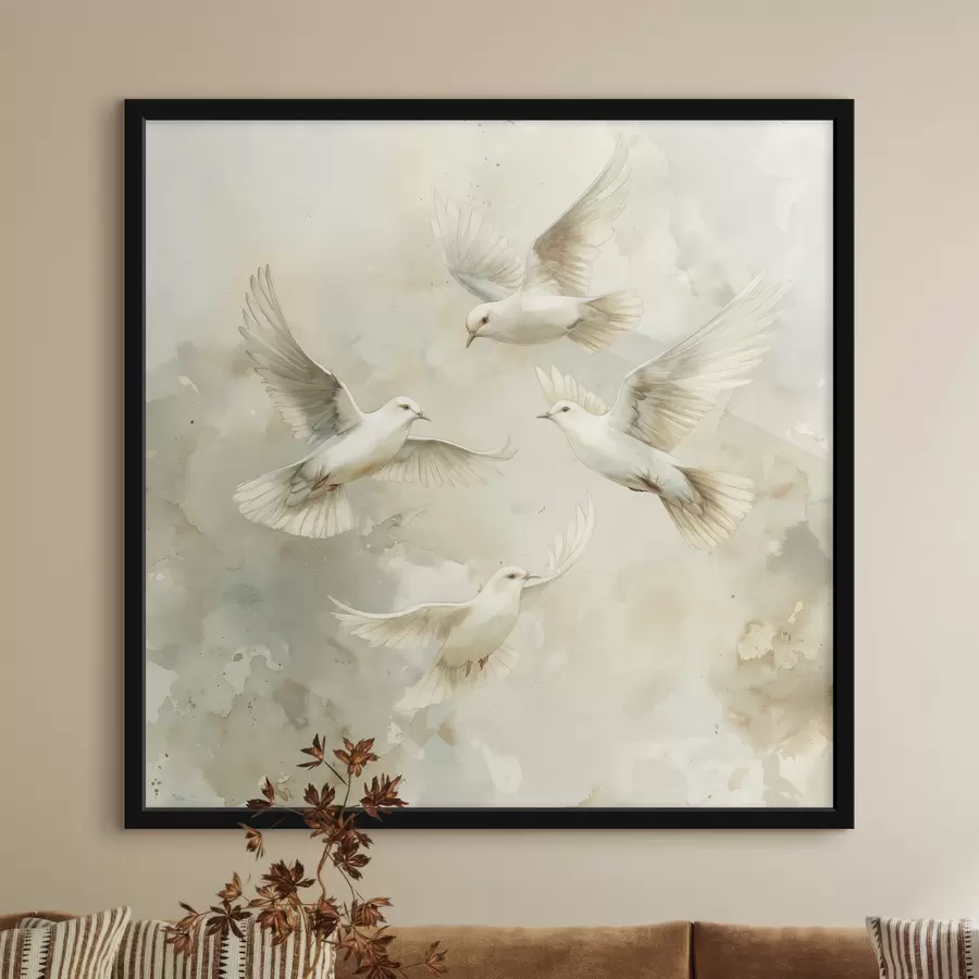Fotobehang Aquarel vliegende vogels, delicate beige en witte kleuren, duiven f39976