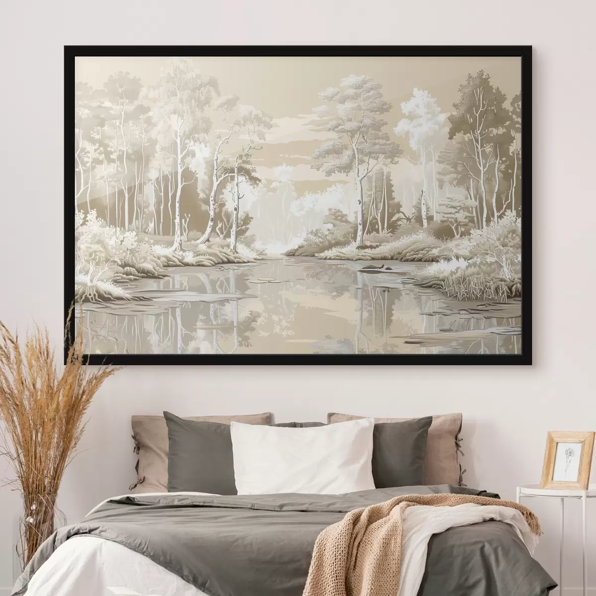 Affiche Magnifique paysage forestier, couleurs pastel douces, beige et blanc f39978