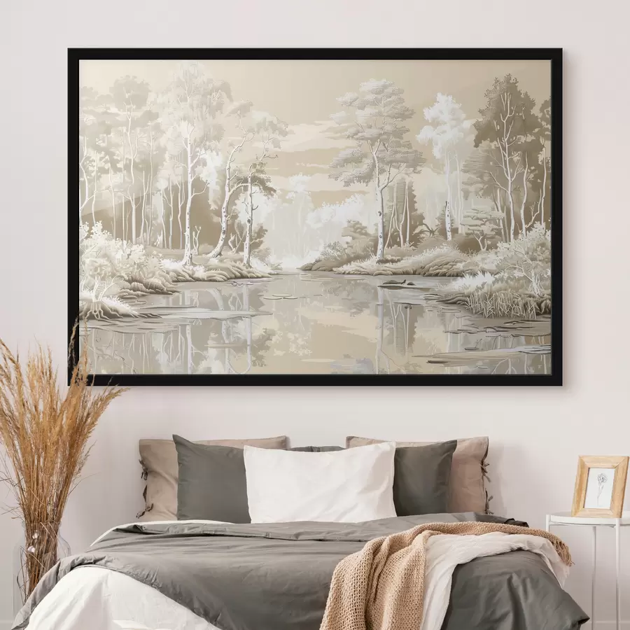 Fotobehang Prachtig boslandschap, zachte pastelkleuren, beige en wit f39978