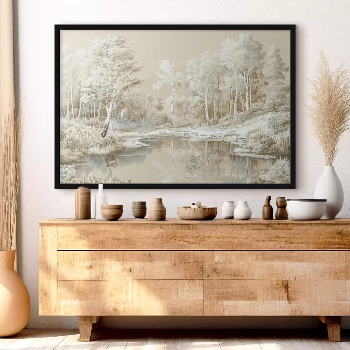 Affiche Magnifique paysage forestier, étang et arbres, couleurs beige et blanc f39979