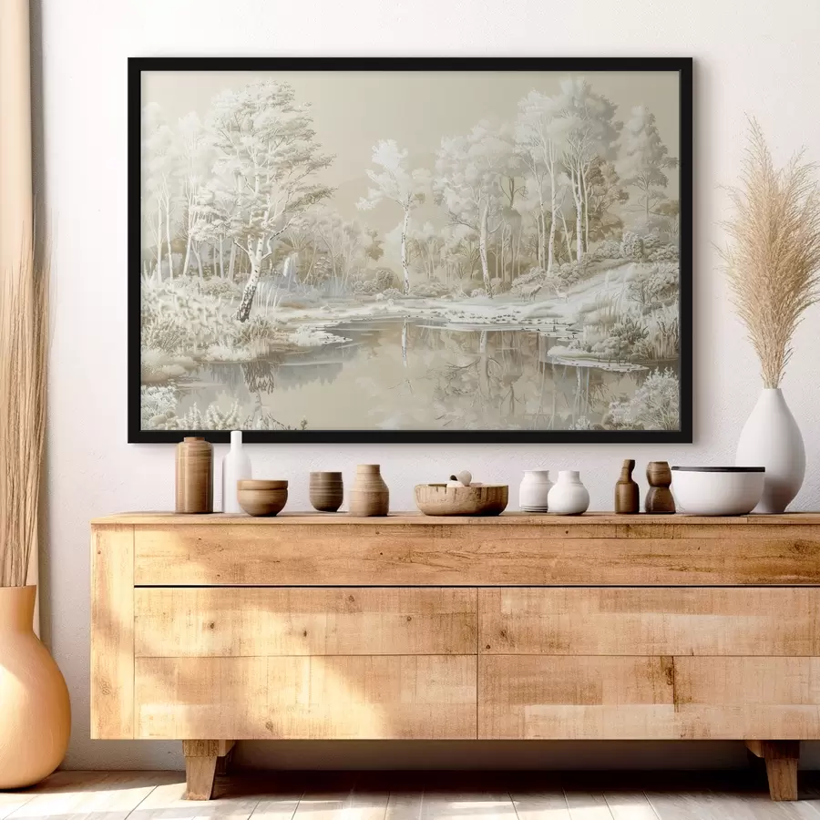 Fotobehang Prachtig boslandschap, vijver en bomen, beige en witte kleuren f39979