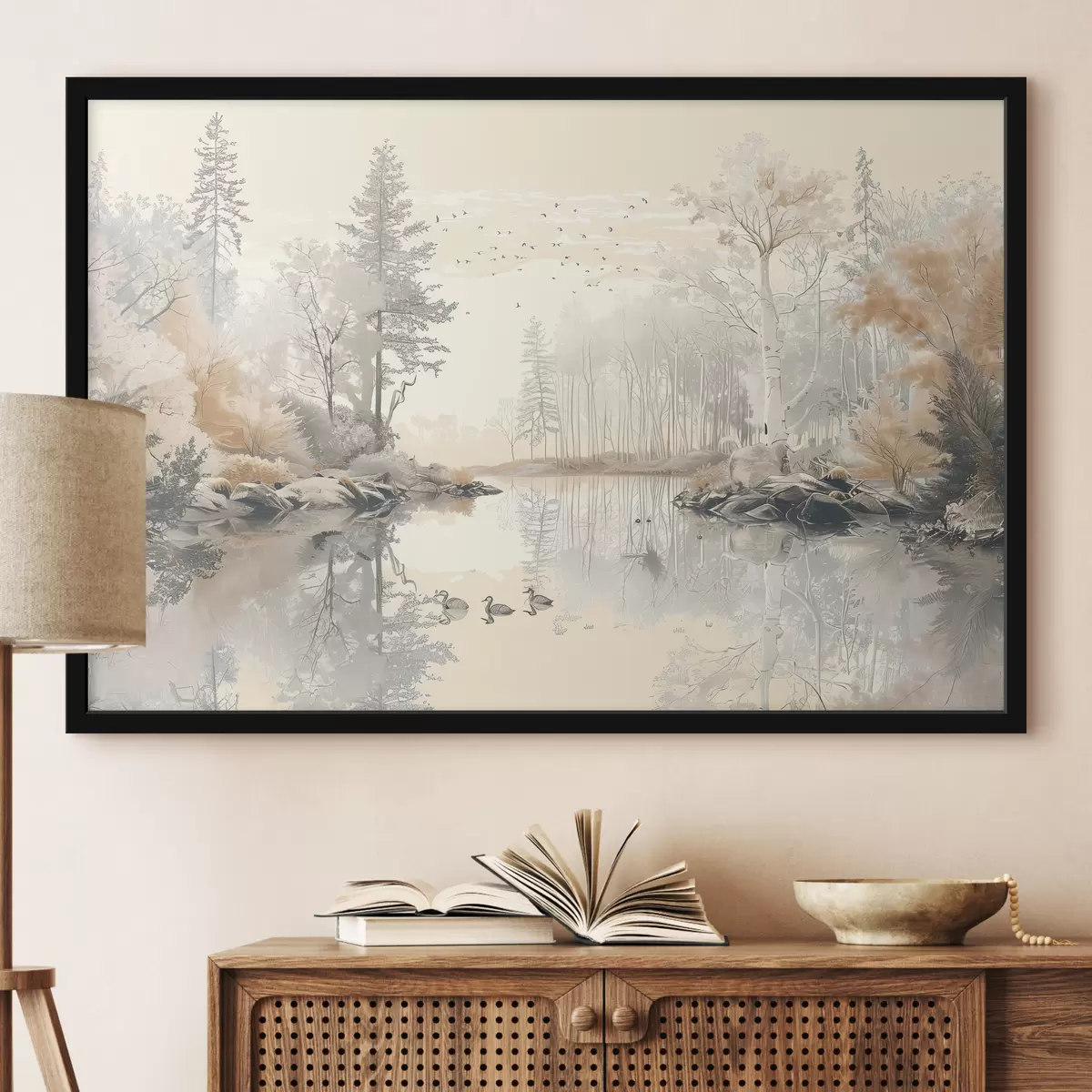Poster Prachtig natuurlandschap, vijver en bomen, wilde dieren, zachte pastelkleuren f39980