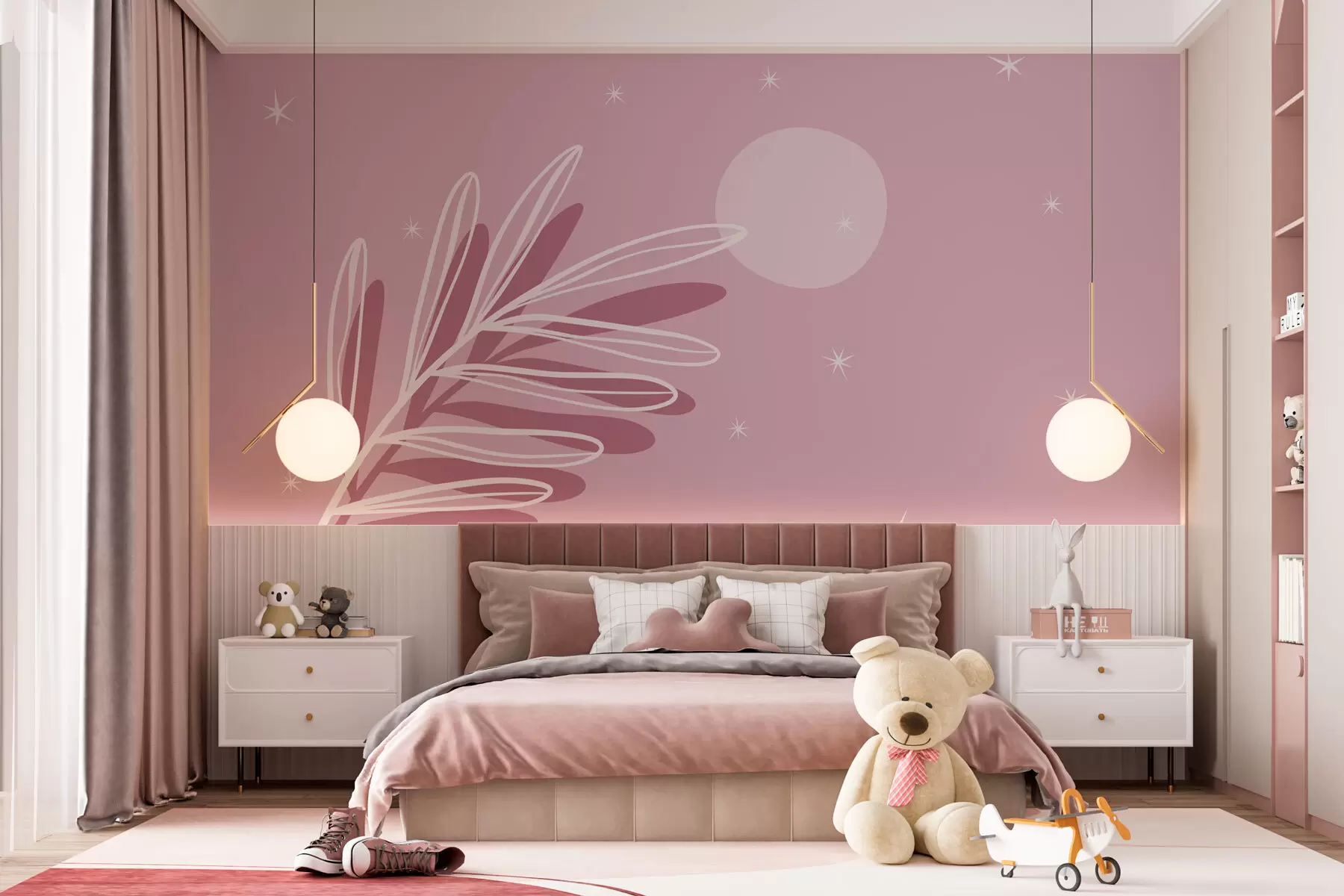 Fotobehang Tak met bladeren en maan met sterren boho-stijl roze kleur w08169v2