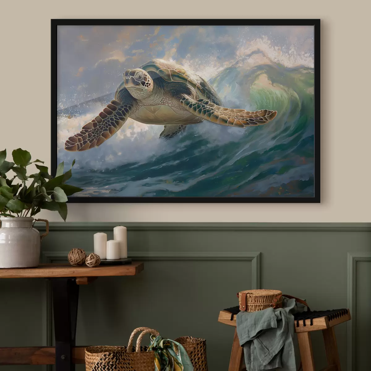 Affiche Tortue, eau, vert, bleu f40001