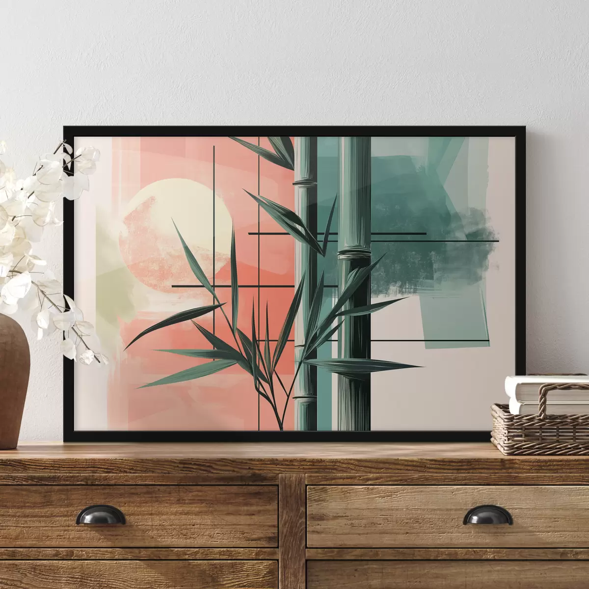 Poster Abstract met bamboe en zon f39898