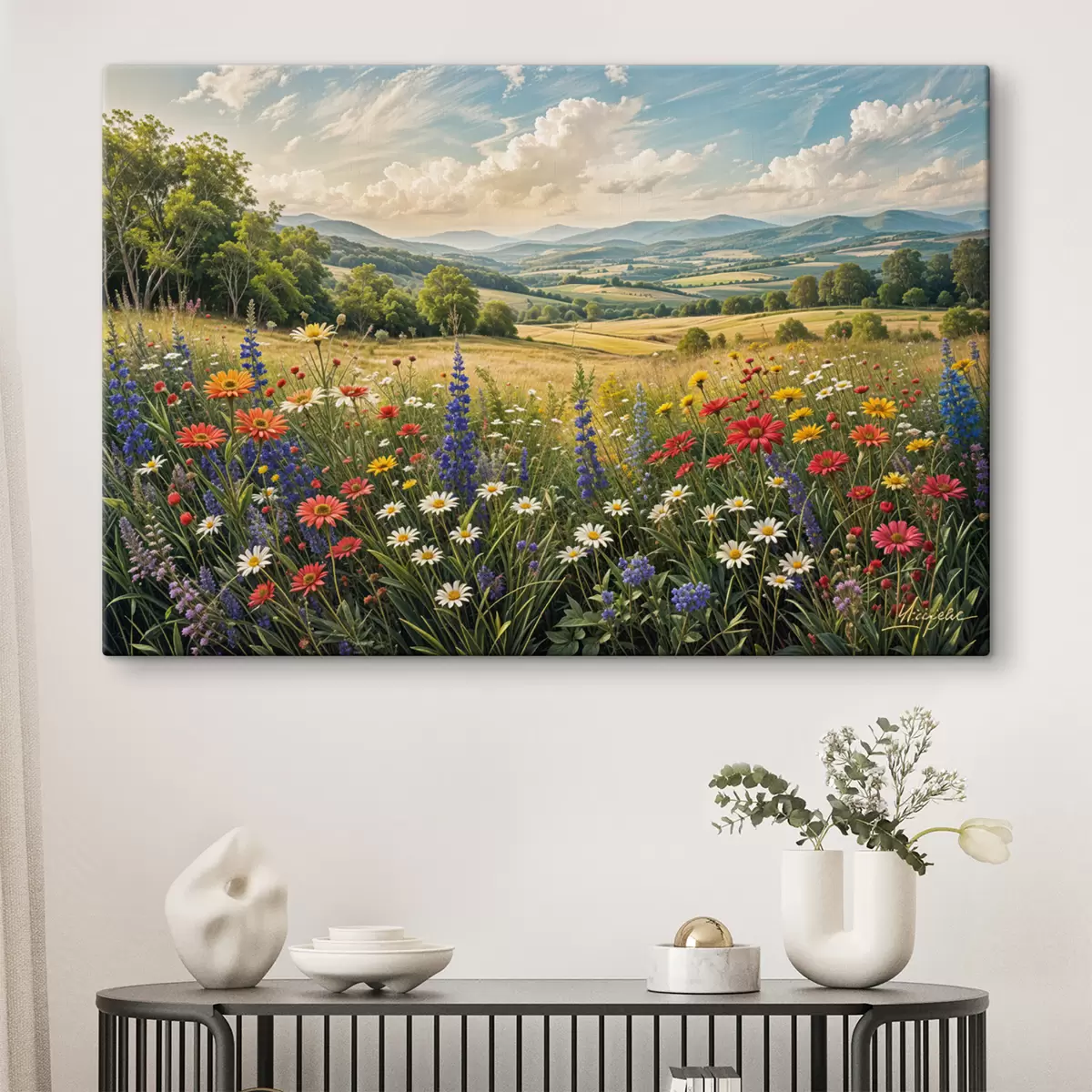  Peintures Un paysage de campagne luxuriant avec une prairie de fleurs sauvages vibrante remplie de fleurs colorées sous un ciel nuageux s40018