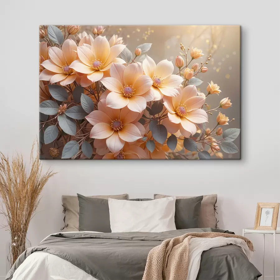  Peintures Fleurs de dahlia délicates de couleur pêche en pleine floraison, avec des pétales doux sur un fond flou s40024