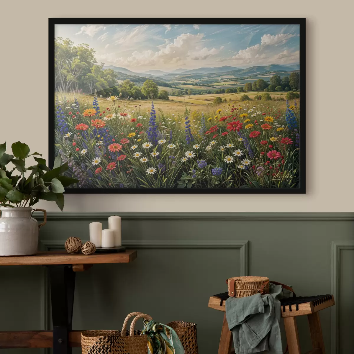 Poster Een weelderig landschap met een levendige wilde bloemenweide vol kleurrijke bloemen onder een bewolkte lucht f40018