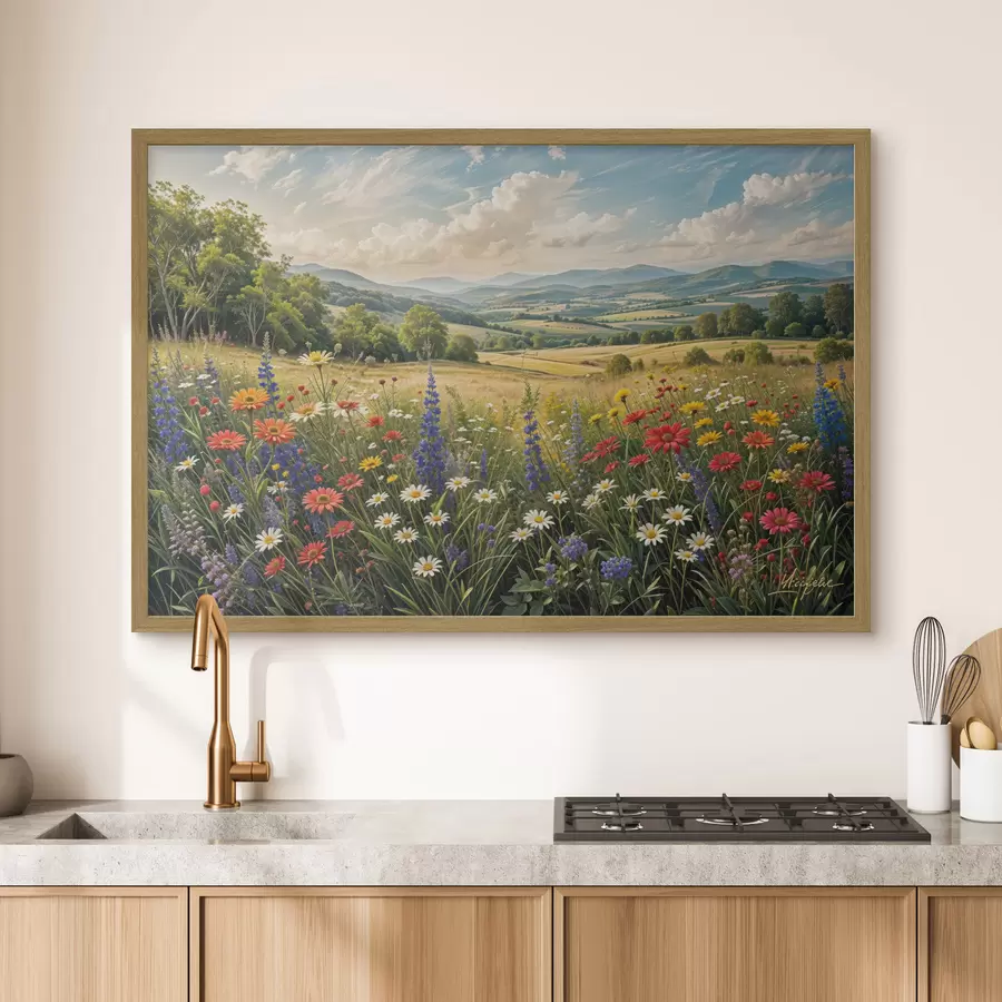 Fotobehang Een weelderig landschap met een levendige wilde bloemenweide vol kleurrijke bloemen onder een bewolkte lucht f40018