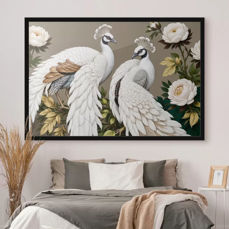 Papier peint photo Deux paons blancs aux plumes ornées perchés sur une branche avec des fleurs f40022