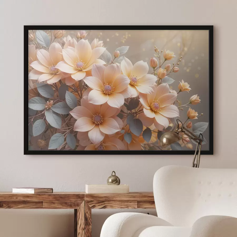 Papier peint photo Fleurs de dahlia délicates de couleur pêche en pleine floraison, avec des pétales doux sur un fond flou f40024