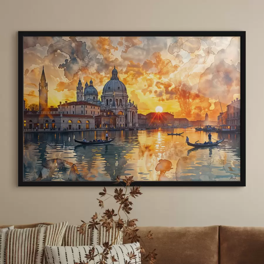 Papier peint photo Un coucher de soleil coloré et spectaculaire sur le Grand Canal à Venise, en Italie, aquarelle f40027