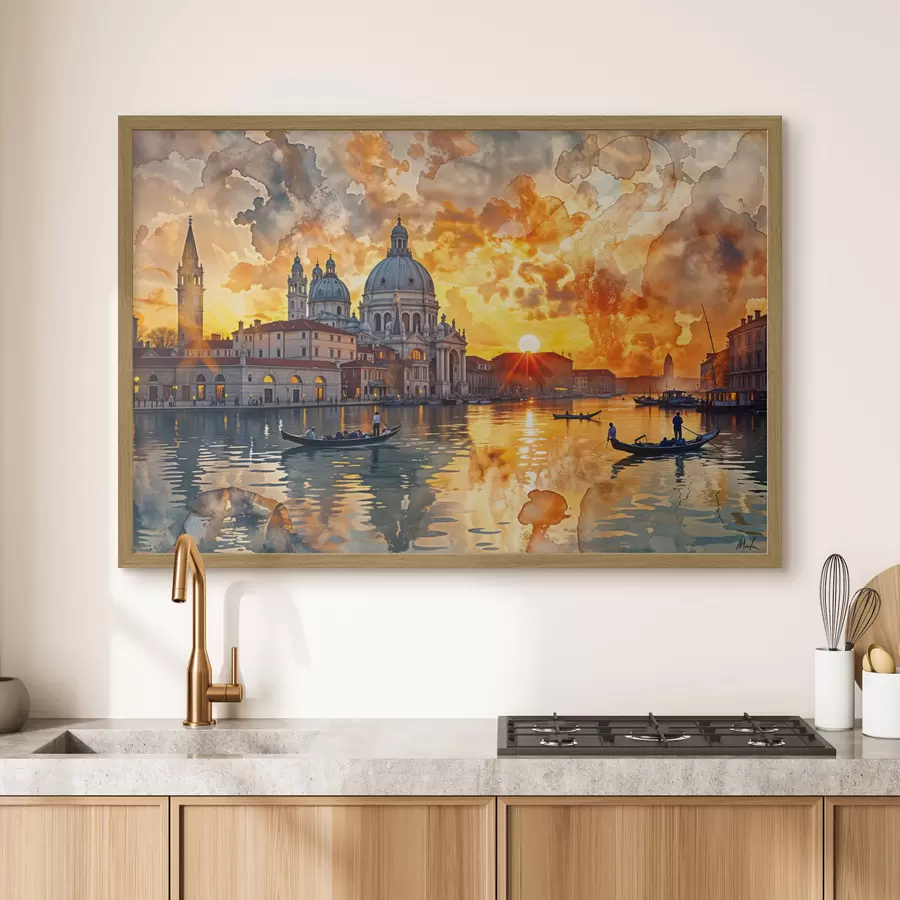 Fotobehang Een kleurrijke en dramatische zonsondergang boven het Canal Grande in Venetië, Italië aquarelkunst f40027