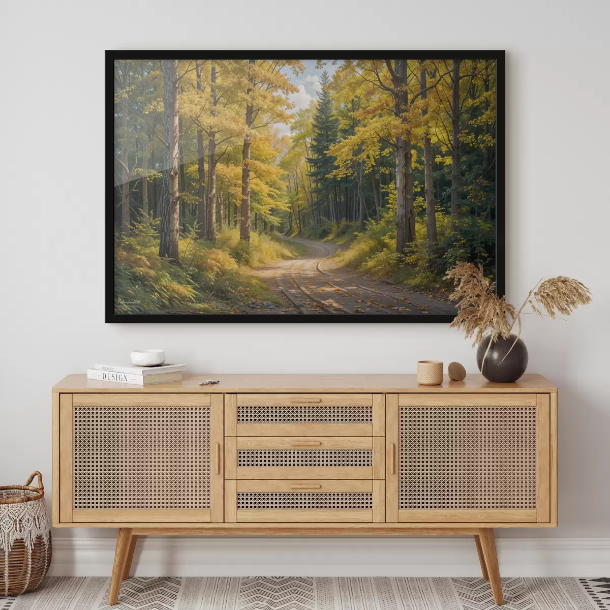 Poster Een onverharde weg die door een bos slingert in de herfst, met hoge bomen aan beide kanten f40031