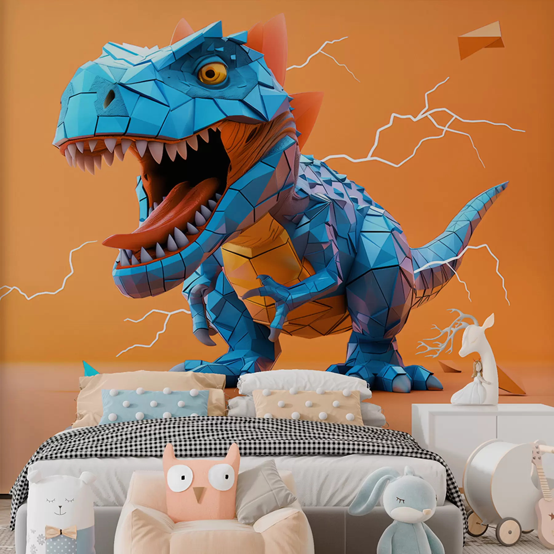 Fotobehang Woeste dinosaurus met blikseminslag in gele en blauwe kleuren w01333v1