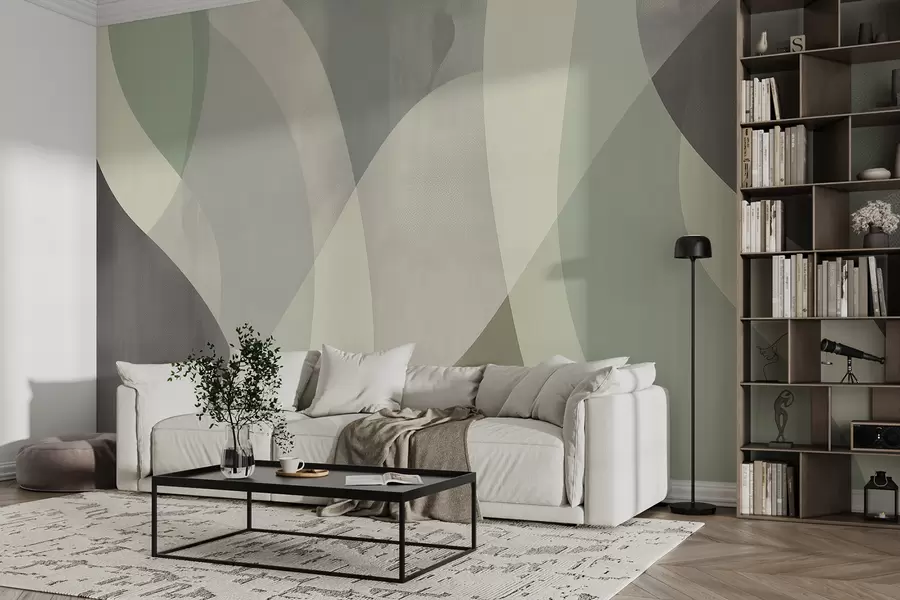 Fotobehang Zachte rondingen in gedempte tinten met vloeiende lijnen en groene gradiënten, minimalistisch en modern w01334