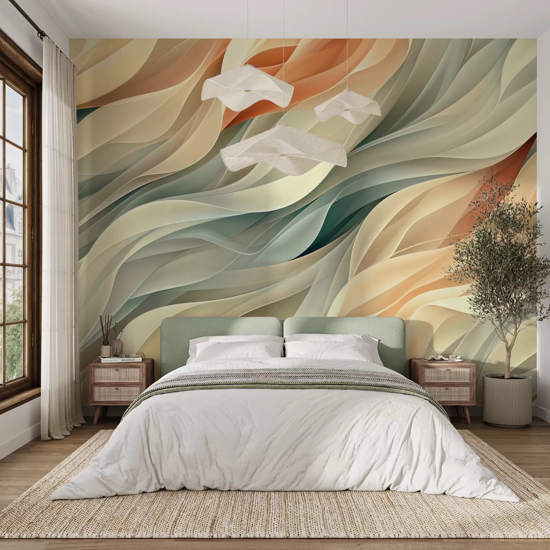 Fotobehang Betoverend abstract ontwerp met zachte pastelgolven in warme kleuren w01335v1