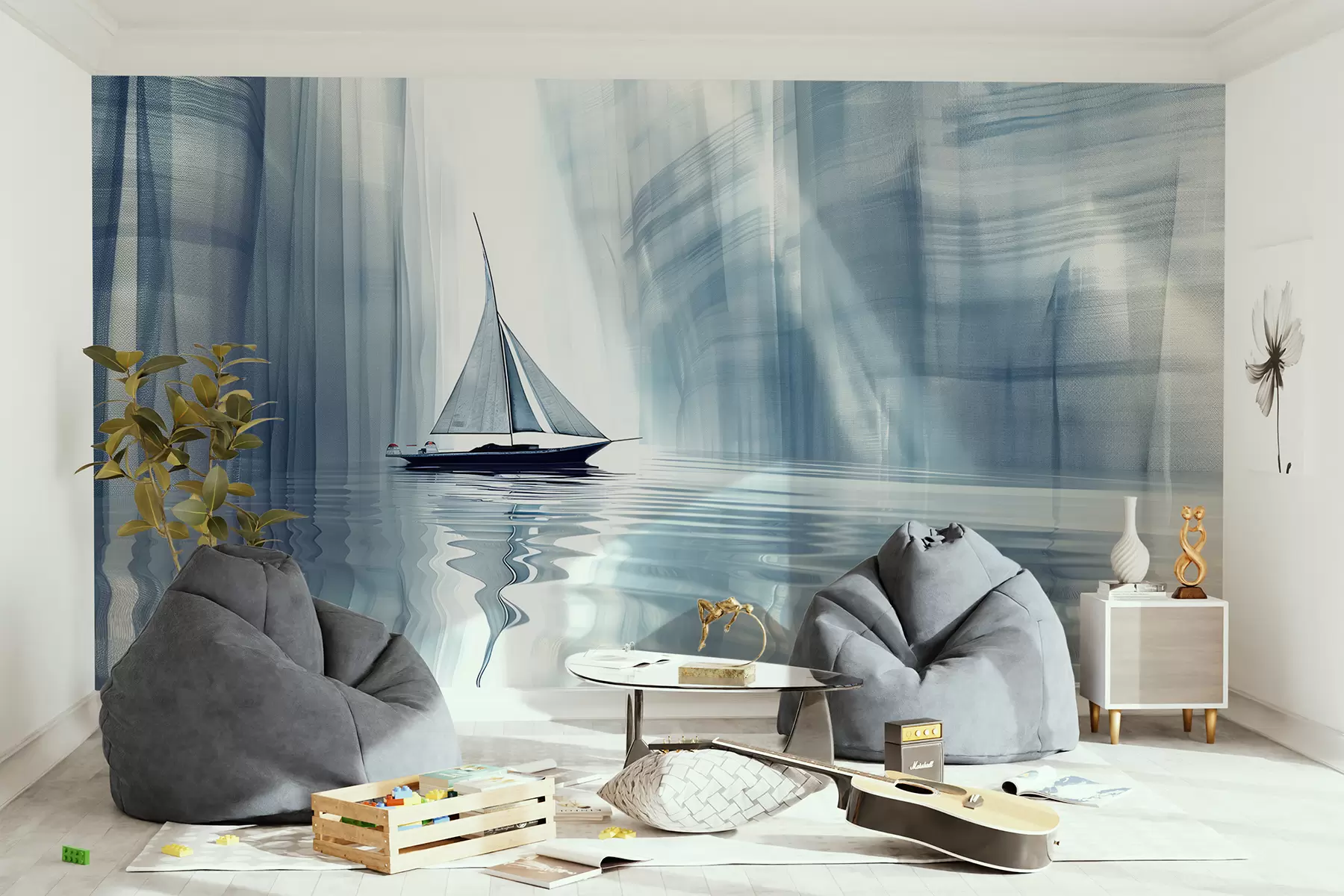 Fotobehang Boot op het water in futuristische stijl met blauwe kleuren w01338