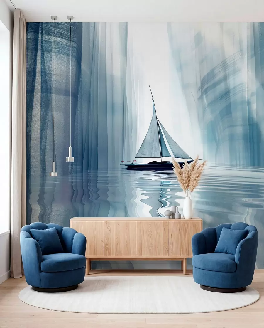 Fotobehang Zeil tussen blauwe reflecties w01338