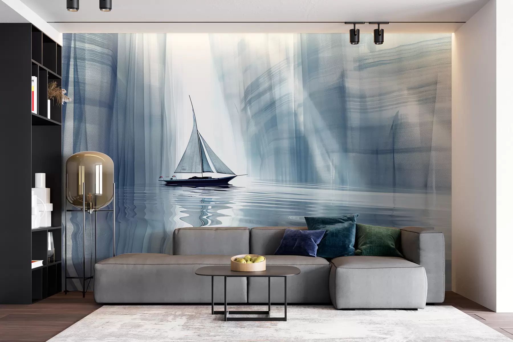 Fotobehang Boot op het water in futuristische stijl met blauwe kleuren w01338