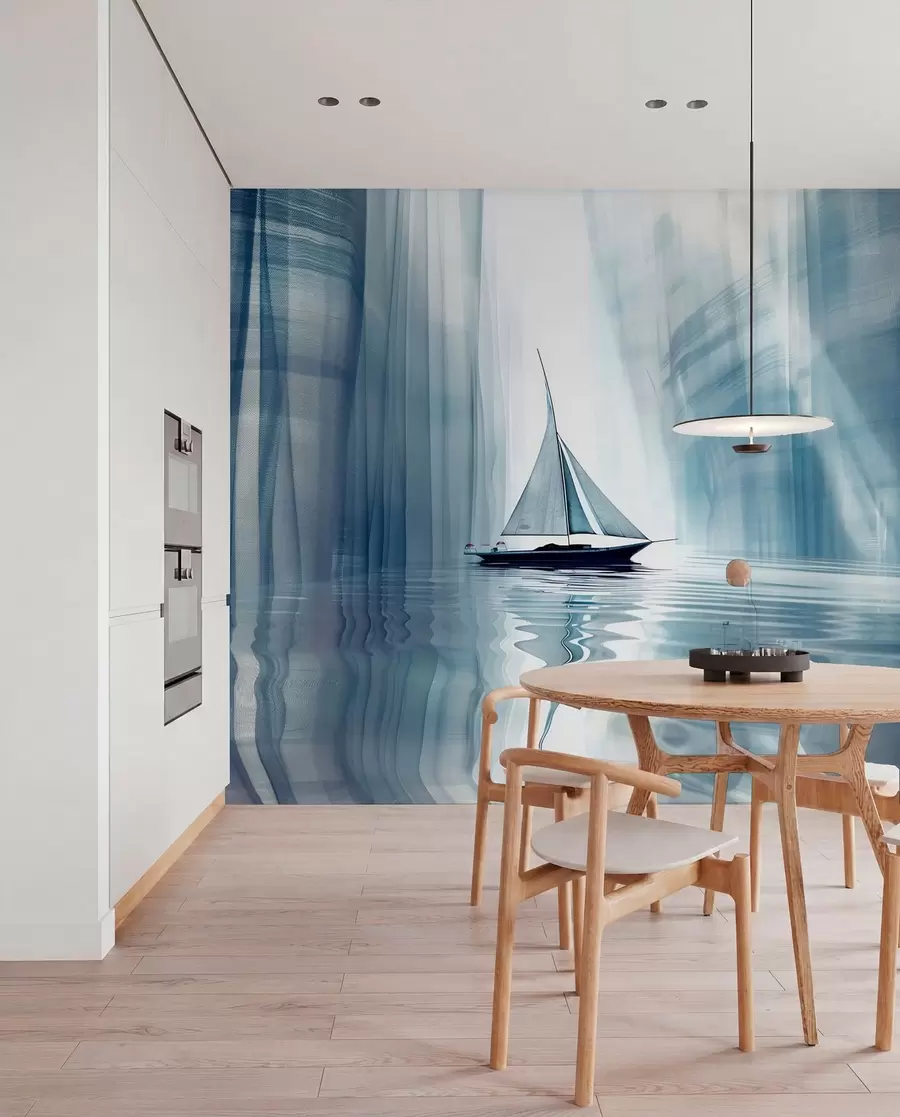 Papier peint photo Bateau sur l'eau dans un style futuriste avec des couleurs bleues w01338