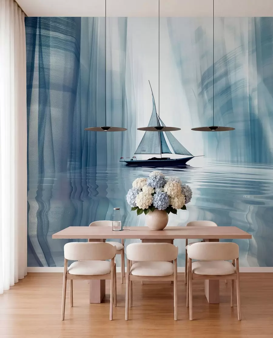 Papier peint photo Bateau sur l'eau dans un style futuriste avec des couleurs bleues w01338