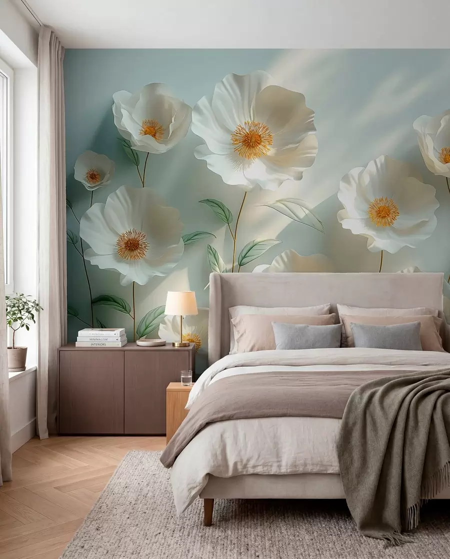 Papier peint photo Coquelicots blancs contre un mur avec la lumière du soleil et un effet 3D w01339