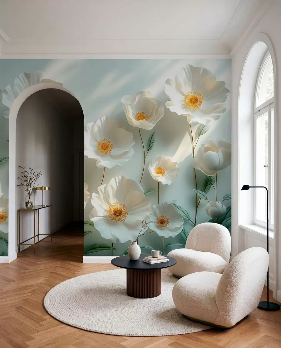 Fotobehang Witte klaprozen tegen een muur met zonlicht en 3D-effect w01339