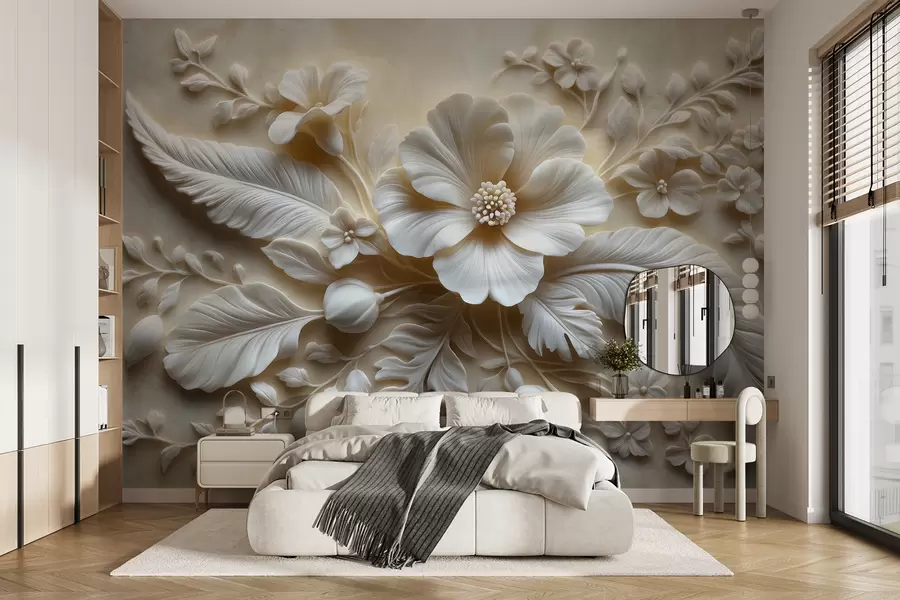 Papier peint photo Tableau mural en relief 3D représentant des plumes et des fleurs, avec un grand coquelicot aux couleurs beiges w01340